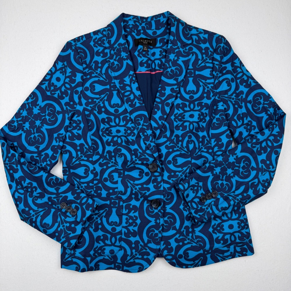 Talbots Petite Blue Damask Medallion Print Blazer Jacket Size 8P